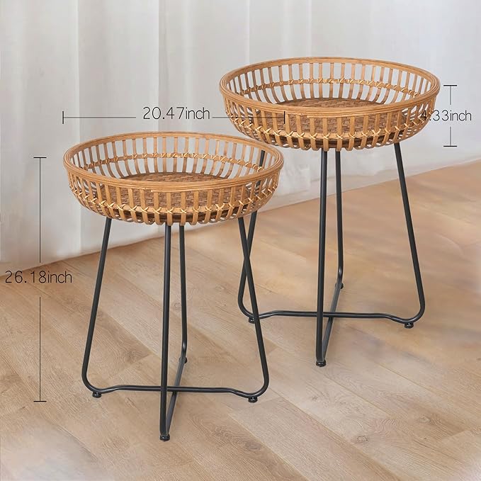 Oakrain Round Side Table, Nesting Tables Set of 2, Bamboo Coffee Table with Metal Base for Boho Living Room, Sofa, Bedroom, Terrace (20.47inch, Set of 2)