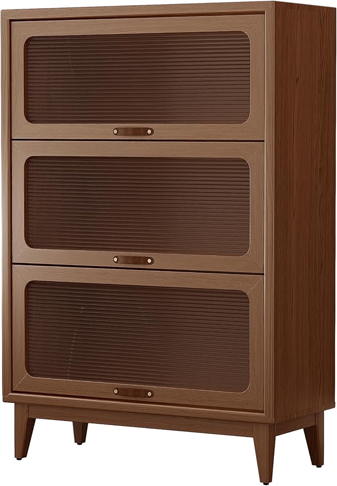 AQIMUELE Solid Wood Bookcase with Glass Doors, 3 Shelf Bookshelves and Bookcases, Mid Century Modern Bookshelf with Glass Doors, Kitchen Pantry Cabinet (Walnut, 31.5" W)