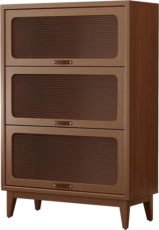 AQIMUELE Solid Wood Bookcase with Glass Doors, 3 Shelf Bookshelves and Bookcases, Mid Century Modern Bookshelf with Glass Doors, Kitchen Pantry Cabinet (Walnut, 31.5" W)