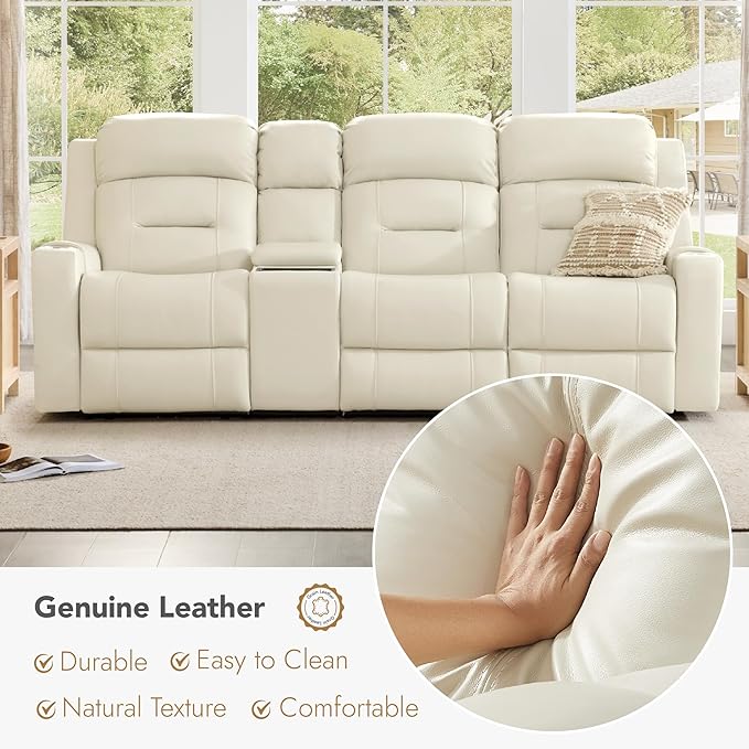 Watson & Whitely Genuine Leather Power Recliner Sofa, Lay Flat Reclining Sofa with Storage Console, Power Headrest & Cup Holders, 3 Seater Electric Reclining Couch for Living Room, Cream