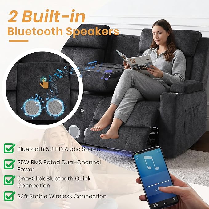 Power Reclining Sofa with 4 LED Lights, Bluetooth Speaker, Power Reclining Loveseat with Drop Down Table,Outlets, 3-Seater Recliner Sofa with Arm/Seat Storage(Grey, Loveseat with Console)