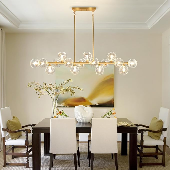 Modern Chandeliers for Dining Room Swirled Glass 55" Gold Linear Sputnik Chandelier 16-Light Large Chandelier Bubble Dining Room Light Fixture Linear Island Lights for Kitchen, Electroplated Brass