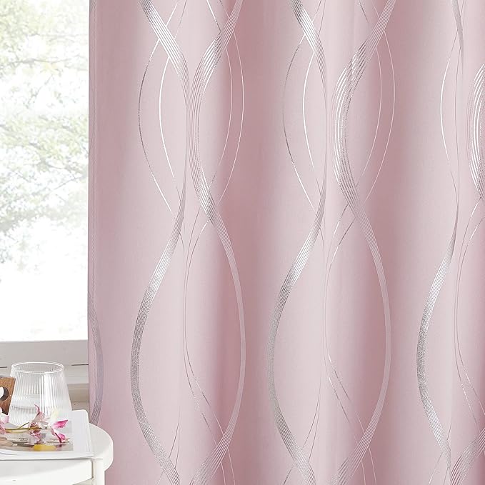 NICETOWN Pink Blackout Curtains Panels for Bedroom, Noise Reducing Thermal Insulated Wave Line Foil Print Design Blackout Curtains for Patio Sliding Glass Door (Lavender Pink, 2 Panels, 52 x 84 Inch)