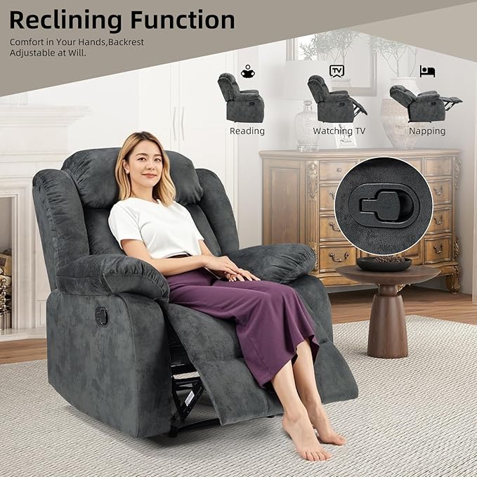 EBELLO Manual Recliner Chair, Classic and Fabric Recliner Sofa with Overstuffed Arms and Back for Living Room, Bedroom, Grey