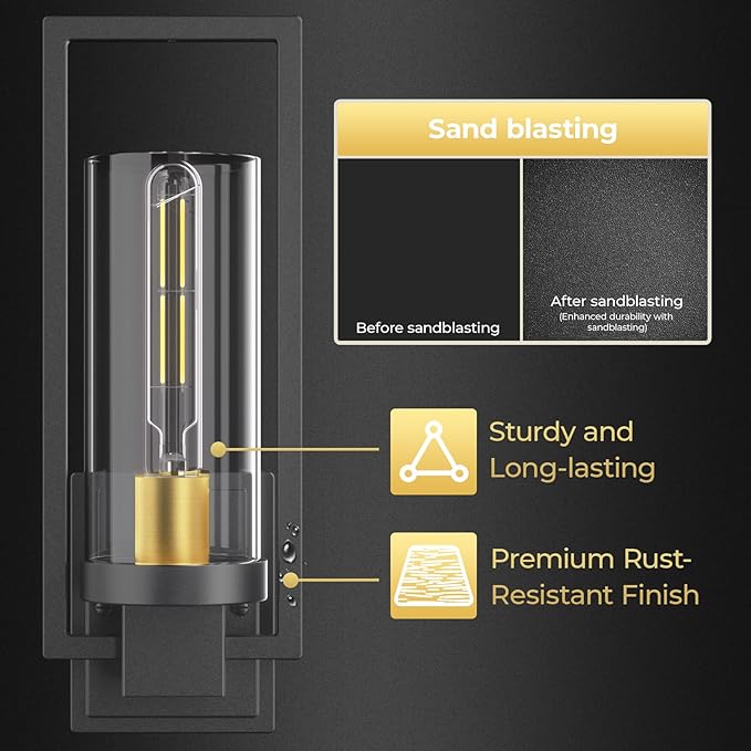 CINOTON Black and Gold Wall Sconces Set of 2, 15" Matte Black Wall Mounted Lamp, Hardwired AC 120V Wall Sconces Vintage Vanity Light Fixtures with Clear Glass, Wall Lights for Living Room, Bedroom