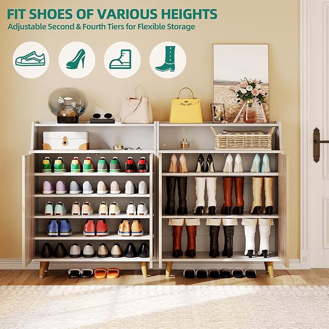 YITAHOME Shoe Cabinet with Doors, 5-Tier Shoe Storage Cabinet with Open Shelves, Large Capacity Wooden Shoes Rack Organizer with Pine Wood Legs for Entryway Hallway Closet, White & Oak Color