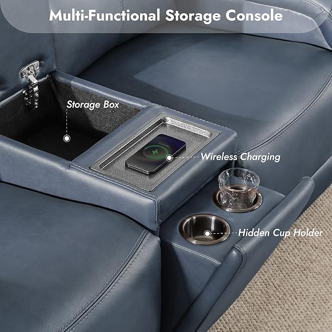 Watson & Whitely Genuine Leather Power Loveseat Recliner Sofa, Zero Gravity Reclining Sofa with Console, Power Headrest & Wireless Charging, Cup Holder, 2-Seater Recliner for Living Room, Navy Blue