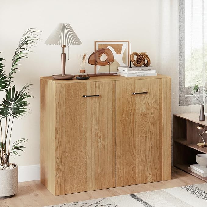 Giantex Modern Storage Cabinet, 38" Credenza with 2 Doors and 4 Cubic Shelves, Anti-Tipping Device, Sturdy Metal Hings, Wooden Sideboard Cabinet for Living Room, Kitchen, Entryway, Natural