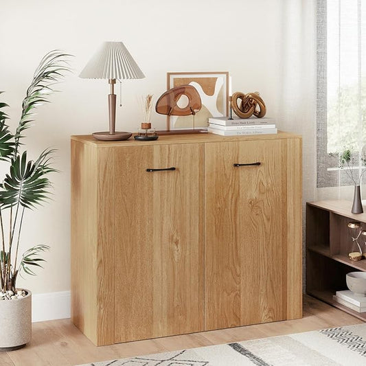 Giantex Modern Storage Cabinet, 38" Credenza with 2 Doors and 4 Cubic Shelves, Anti-Tipping Device, Sturdy Metal Hings, Wooden Sideboard Cabinet for Living Room, Kitchen, Entryway, Natural