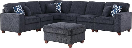 Ball & Cast 116" L-Shaped Sectional Couch with Movable Ottoman & 6 Throw Pillow,7 Seat Chenille Upholstered Sectional Sofa W/Wide Armrest,DIY Combination,Comfy Sectionals Set for Living Room,Dark Gray