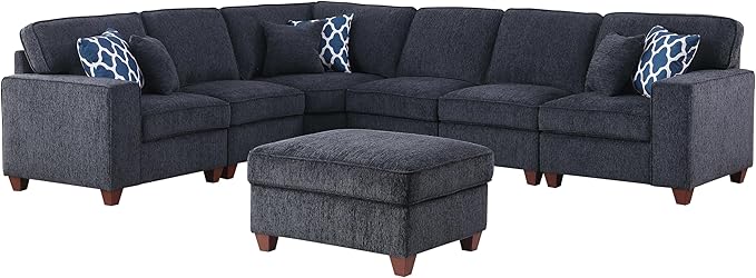 YOPTO 116" Convertible Sectional Couch with Movable Ottoman and 6 Throw Pillows,Chenille Upholstered Comfy Sofa 7 Seater,L-Shaped,Free Combination,Easy Assembly for Living Room,Apartment,Dark Gray