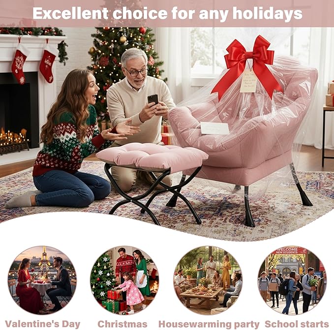 Lazy Chair and Ottoman, Large Accent Pink Velvet Chair with Side Pocket, Modern Leisure Upholstered Sofa Reading Armchair with Footrest for Office, Bedroom, Living Room, Dorm, Balcony