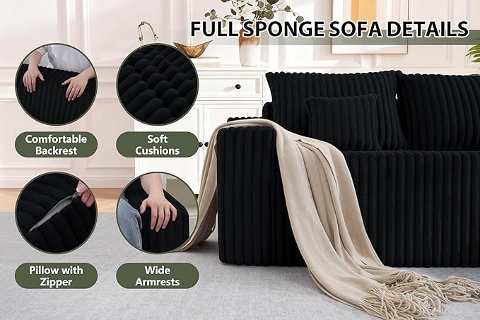 HABUTWAY 94'' Cloud Sectional Couch, Boneless Sofa with Deep Seat, Modular Comfy L-Shape Couch with Chaise for Living Room Bedroom, No Assembly Required(Black,Right Facing Chaise)