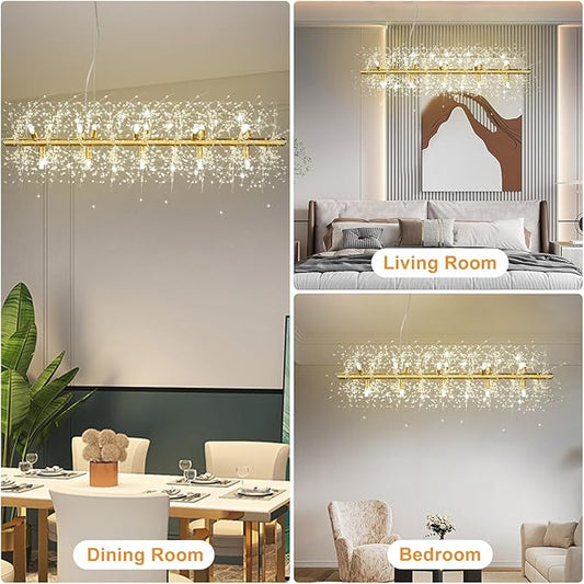 Depuley 47.2" Modern Gold Crystal Firework Chandelier, 15-Light Crystal Light Fixture Hanging, Linear Dandelion Chandelier, Sputnik Ceiling Pendant Light Fixtures for Dining Room(G9 Bulbs Included)