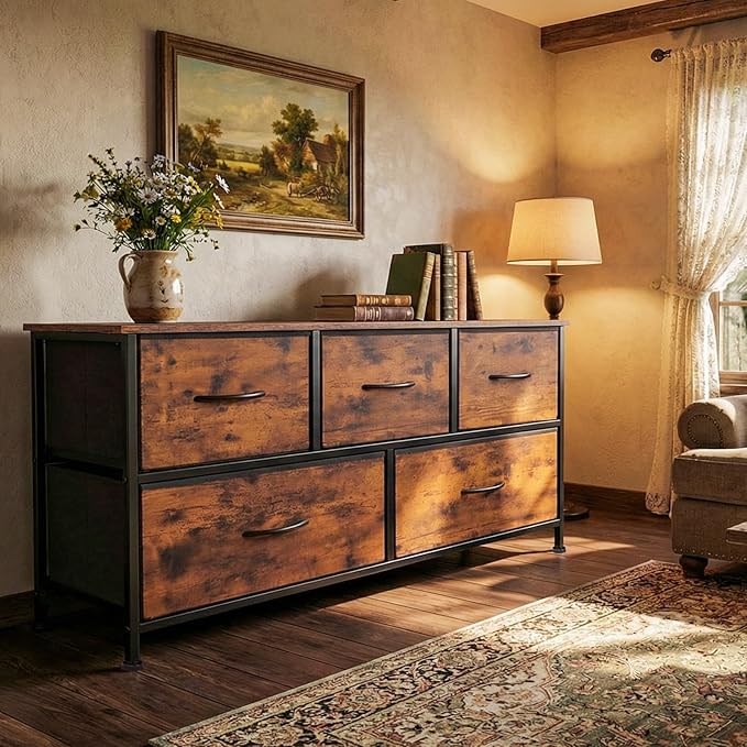 SHAWKEN Dresser for Bedroom with 5 Drawers,Fabric Dresser with One-Piece Steel Frame,Budget-Friendly Organizer for Closet, Hallway, Studio Apartment (Rustic Brown)