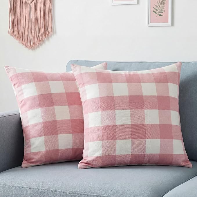 Light Pink and White Buffalo Plaid Pillow Covers 18x18 Set of 2, Spring Home Decor Checkered Couch Throw Pillows 18 x 18, Modern Pink Aesthetic Pillows Decorative for Couch Sofa Living Room
