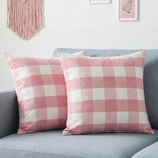Light Pink and White Buffalo Plaid Pillow Covers 18x18 Set of 2, Spring Home Decor Checkered Couch Throw Pillows 18 x 18, Modern Pink Aesthetic Pillows Decorative for Couch Sofa Living Room