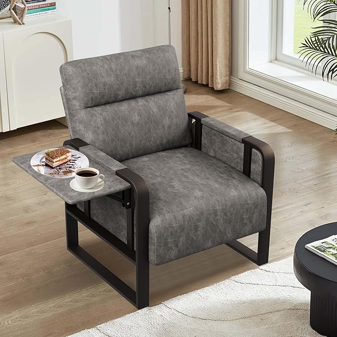 Modern PU Leather Accent Chairs Set of 2 Upholstered Armchairs with Side Table Leisure Side Chairs for Living Room Bedroom Office Grey