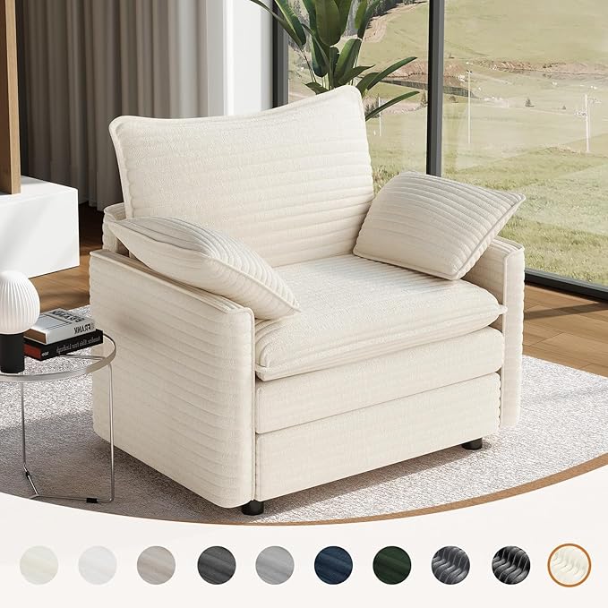 Vesgantti 40" Single Seat Sofa, Comfy Cloud Couch Deep Seat Upholstered Couch Corduroy Modern Sofa with Armrest Pillow, Easy Assembly for Living Room, Bedroom and Apartment, Beige | Sink-in Comfort, Height Adjustable, Easy Rearrangement, Extra-deep Ott...