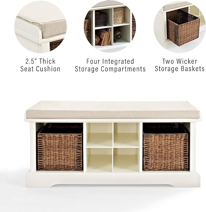 Crosley Furniture Brennan Entryway Storage Bench with Bins and a Shoe Rack Organizer, White