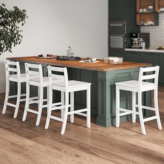 ERGOMASTER Set of 4 Kitchen Island Bar Stools 24 Inch Height with Footrest - 400 lbs Capacity Rubber Wood Counter Stools for Breakfast Nook, Home Pub (White)