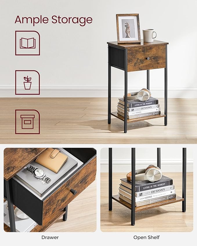 VASAGLE Nightstand, Side Table with Fabric Drawer, 24-Inch Tall End Table with Storage Shelf, Bedroom, Rustic Brown and Black ULGS021B01