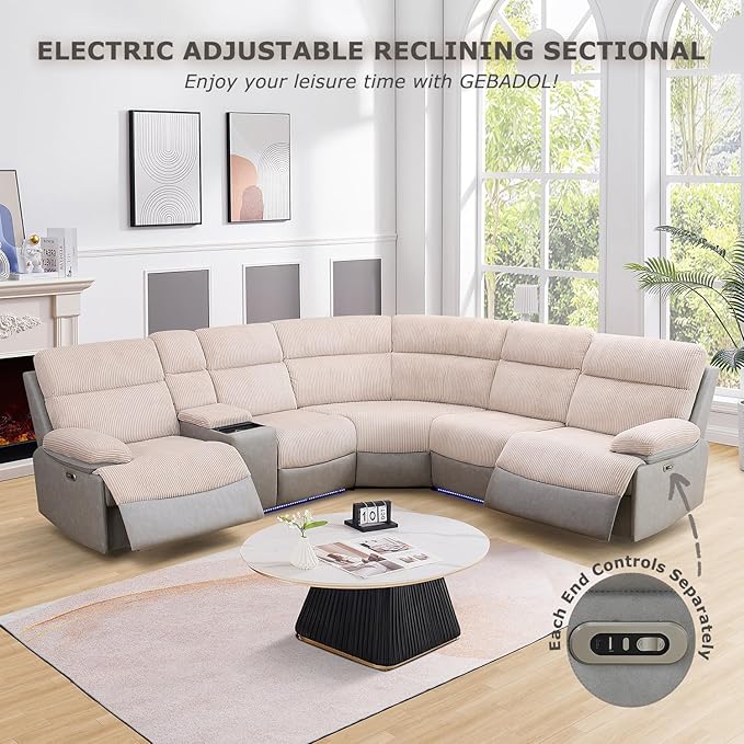 Power Recliner Sectional Sofa, Beige & Grey Plush Sofa, Sectional Couch with Storage Console, Reclining Living Room Sofa with USB/LED Lights