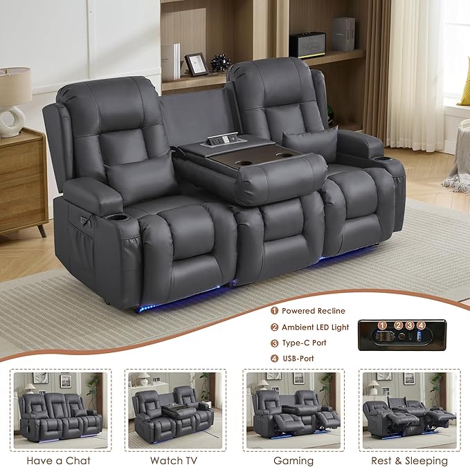 TUNYI Wall Hugger Loveseat Recliner Sofa with Console, Power Reclining Loveseat RV Couch with Massage & Heat/USB/Outlet/Storage/LED Light/Speaker (Light Grey, 3 Seat)