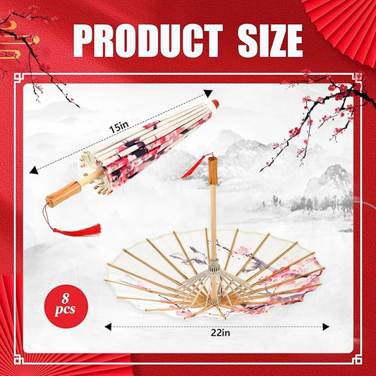 Dunzy 8 Pack Handmade Oiled Paper Umbrellas 22 Inch Classical Plum Blossom Mini Parasol Umbrella for Wedding Art Dance Photography Cherry Blossom Decoration