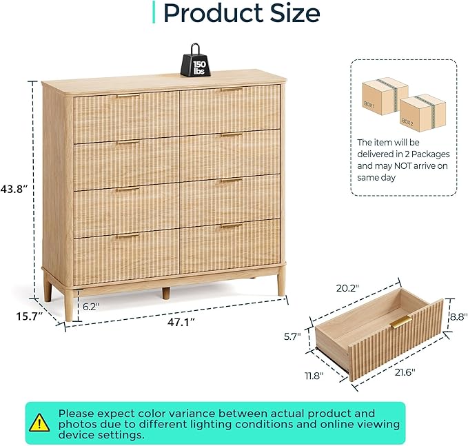 LINSY HOME Fluted Dresser for Bedroom with 8 Drawers, 47" Wide Mid Century Modern Dressers, Tall Boho Chest of Drawers, Large Wood Accent Storage Cabinet for Living Room, Curved Profile Design, Oak