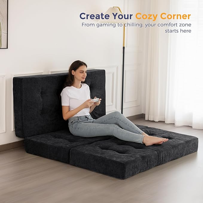 MAXYOYO Tri-Fold Mattress, 6 Inch Tufted Folding Mattress with Chenille Fabric, Portable Twin Size Floor Guest Mat for Adults, Foldable Topper for Camping, Black, 35.4"x75"