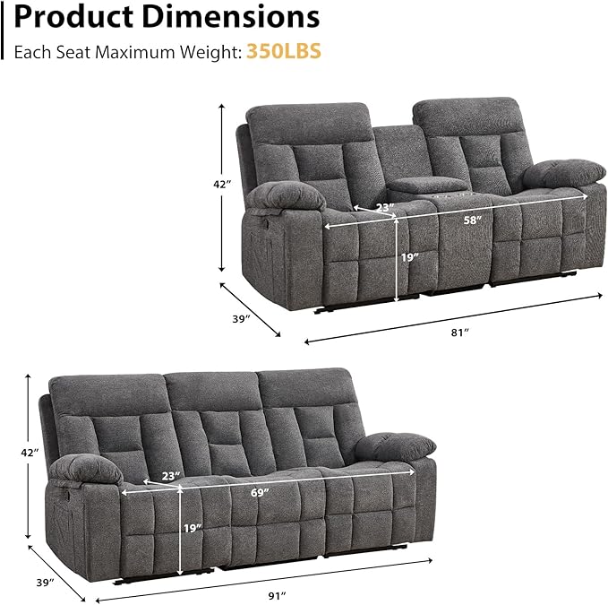 EBELLO 2 Pieces Recliner Sofa Couch Furniture Set, Overstuffed Reclining Loveseat Recliner Couch and Wide 3PC Bonded Sofa Set for Living Room, Light Grey
