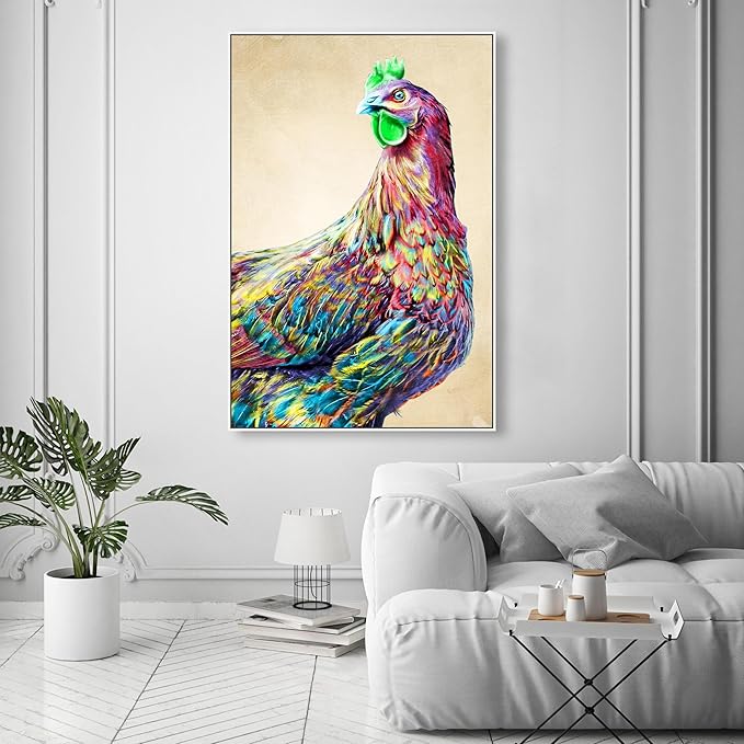 Country Farmhouse Canvas Print Painting Animal Wall Art 'Fun Colorful Glam Rooster' White Framed Canvas Rustic Home Décor 36x54 in Pink, Green by Oliver Gal