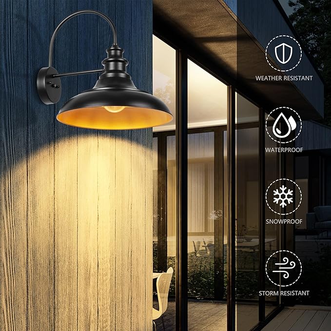 Dusk to Dawn Sensor Outdoor Barn Light Fixture, 16 Inch Dome Farmhouse Outdoor Wall Sconce, Exterior Wall Mount Light, Industrial Black Gold Wall Lantern for Porch, Garage, Shed,1 Pack