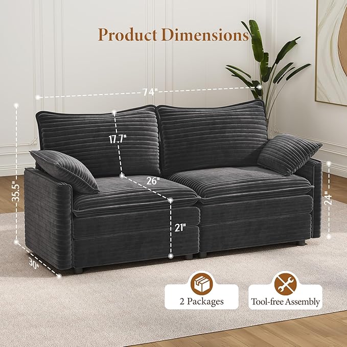 Vesgantti 74" Loveseat Sofa for Living Room, Comfy Cloud Couch Deep Seat Corduroy Modern 2 Seater Small Sofa with Armrest Pillow, Easy Assembly for Small Spaces, Gray | Sink-in Comfort, Height Adjustable, Easy Rearrangement, Extra-deep Ottoman, Solid W...
