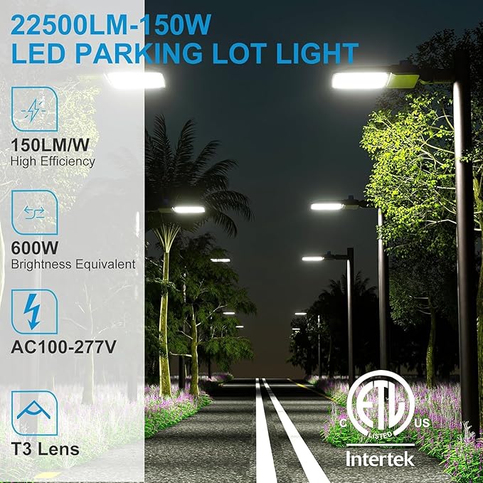 2Pack 150W LED Parking Lot Lighting 22500LM (150Lm/W) 5000K Pole Lights Outdoor with Slipfitter Mount ETL Listed IP65 Dusk to Dawn LED Street Lights for Parking Lot,Yard,Driveway,Stadium