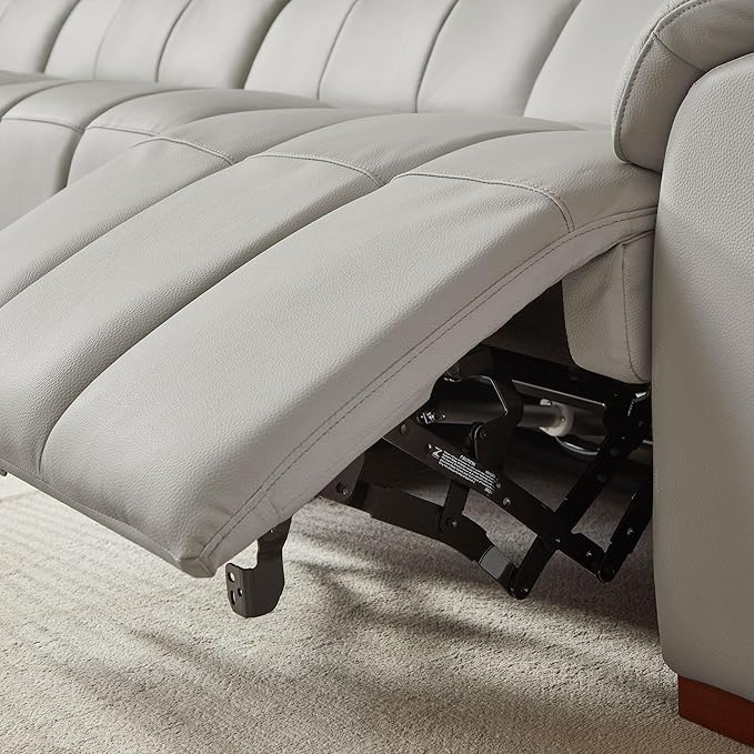 KEIKI 145" L-Shaped Genuine Leather Wall-Hugger Reclining Sofa with Left Chaise, Adjustable Backrest & Footrest, Modern Electric Control 4-Seater Couch with USB, for Living Room, Light Grey