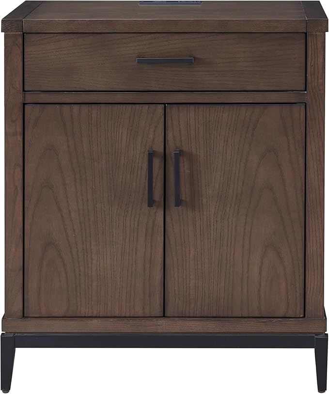 Leick Home Julien Nightstand Side Table One Drawer and Lower Cabinet Traditional – Fast Charging Station – Durable Solid Wood – Living Room, Bedroom, Office, Coffee Bean with Matte Black, 9079-GRMB