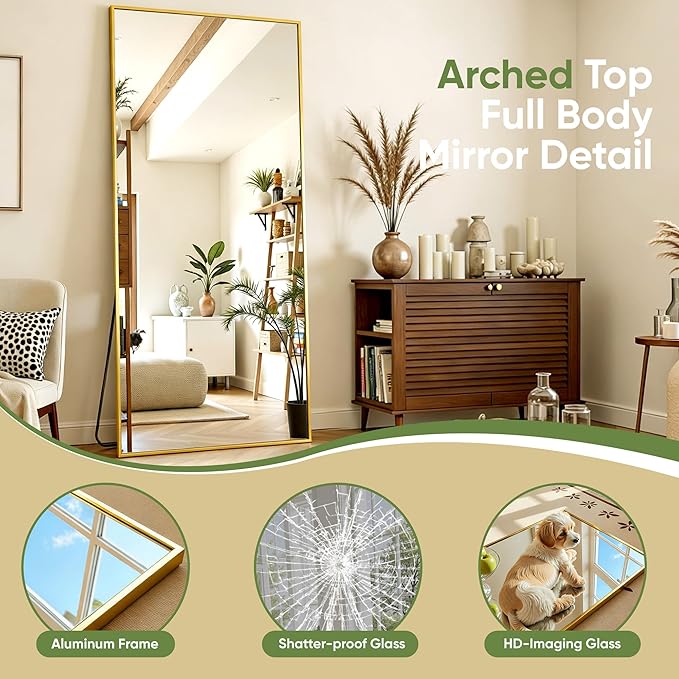 Full Length Mirror, 71"x28" Full Body Mirror, Floor Mirrors with Stand, Body Mirrors Standing Hanging Leaning Against Wall,Aluminum Frame Mirrors for Bedroom Cloakroom,Living Room,Gold