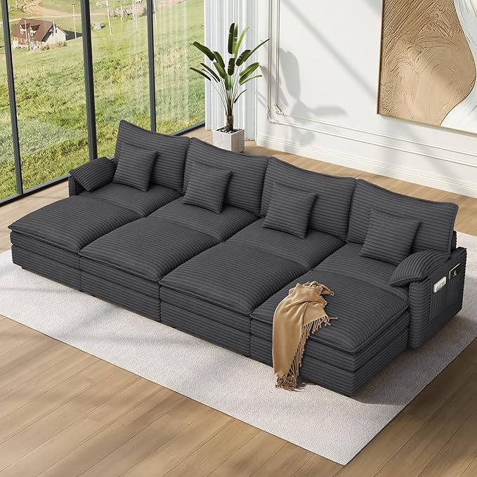 Vesgantti 142" Oversized Sectional Sofa Bed, 8-Seater Modular Sleeper Cloud Couch with Movable Ottoman, Corduroy Convertible Sofa Set Deep Seat Couches for Living Room, Bedroom and Apartment, Gray | Sink-in Comfort, Height Adjustable, Easy Rearrangemen...