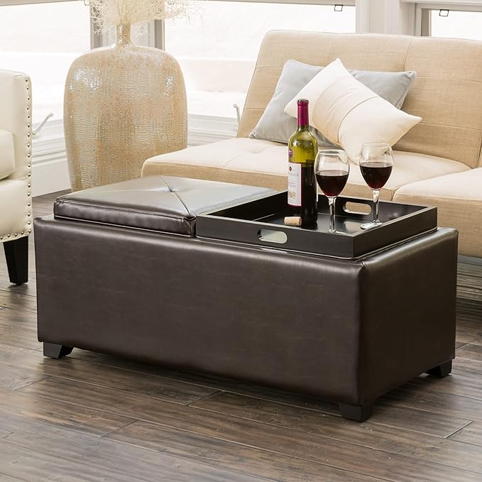 Christopher Knight Home Maxwell Bonded Leather Double Tray Ottoman, Brown , 38 x 19x 17inches