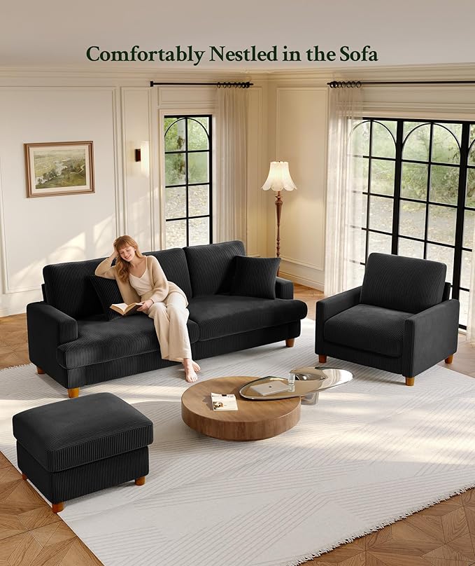 Welzona 87.2" Couches for Living Room, Comfy Sofa Set Tool-Free Setup, Corduroy Couch Set 7.5" Thicker Cushion, Accent Chair with Ottoman 848lbs Support, Sofas for Living Room Home Office, Black