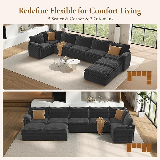 Vesgantti Large Modular Sectional Sofa, Big Comfy Cloud Couch with Ottoman Deep Seat Corduroy Cloud Sofa, 8 Seater Large Sectional Couches for Living Room, Bedroom and Apartment, Gray | Sink-in Comfort, Height Adjustable, Easy Rearrangement, Extra-deep...