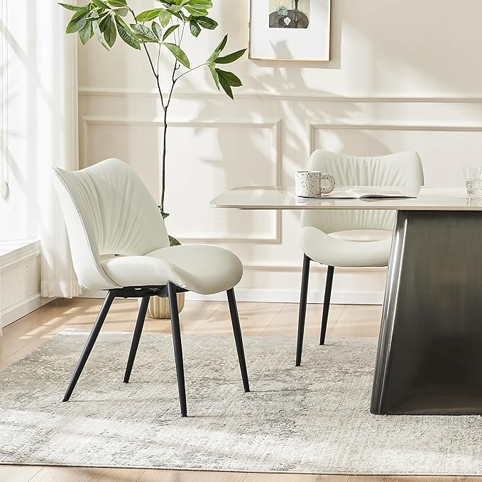 Rowill White Dining Chairs Set of 2, Upholstered Dining Room Chairs with Hollow Back, Faux Leather Kitchen Chairs for Dining, Mid Century Modern Dining Chair with Curved Seat