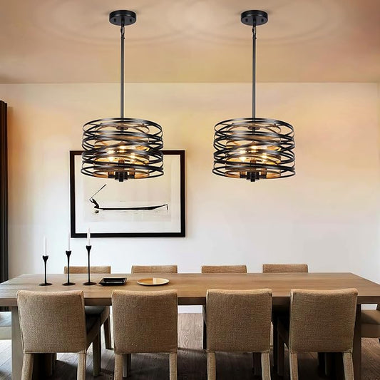3-Light Dining Room Chandelier，12.6" Rustic Black Drum Chandeliers，Wood Grain and Vintage Light Fixture for Kitchen Entryway Living Room