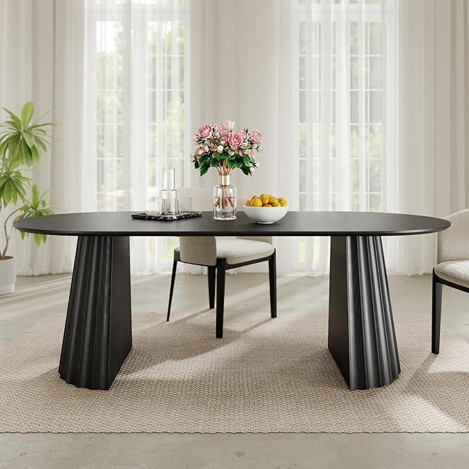 Casaphoria 79" Oval Dining Table, Modern Wood Kitchen Table with Cone Shaped Strip Concave Base for Living Room & Dining Room, Easy Assembly Farmhouse Furniture for 6-8, Black