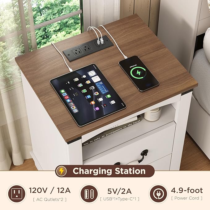 Maupvit Farmhouse Nightstands Set of 2 with Charging Station & Ceramic Handle, Wood Night Stand with 2 Storage Drawers, LED End Tables Living Room, Bedside Table for Bedroom, Antique White