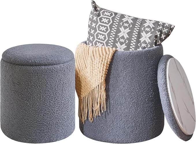 IBUYKE Storage Ottoman Set of 2 Round Ottoman Fleece Vanity Stool with Storage Velvet Footrest Stool End Table Boucle Ottoman for Home Organization Gray UWBD015G