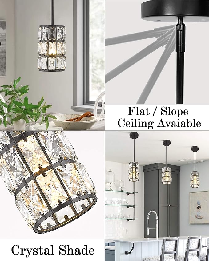 CALDION Farmhouse Crystal Pendant Light, 1-Light Black Pendant Lights Kitchen Island Mini Crystal Chandelier Dining Room Adjustable Hanging Ceiling Light for Bedroom Cloakroom Entryway Hallway Bar