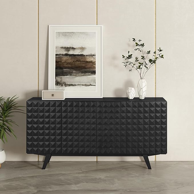 NTC Sapa Mid-Century Modern Solid Wood Sideboard – 4-Door Accent Buffet Cabinet with Carved Geometric Fronts, for Living Room, or Entryway, Effortless Assembly, Burnt Black